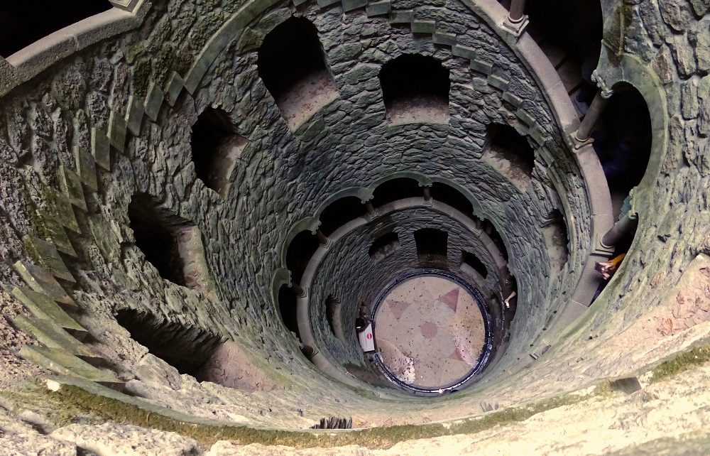 Looking down the Initiation Well at Quinta da Regaleira in Sintra, Portugal